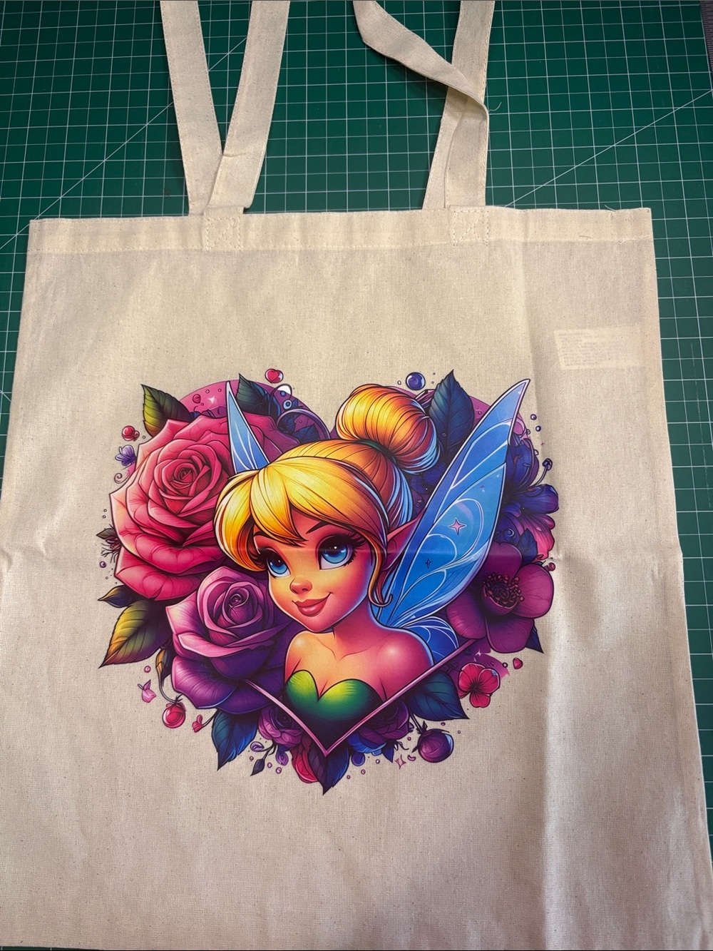 Hand painted Tinkerbell Canvas Tote Bag - Cream with Colorful Floral Fairy Art